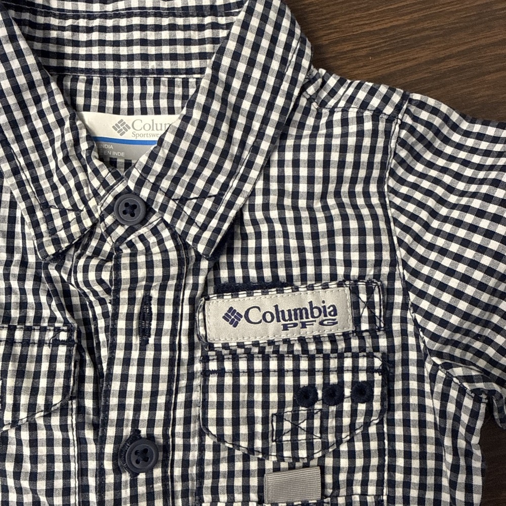Columbia PFG Boys 3-6m One Piece Romper Navy White Gingham Fishing Outfit - Picture 2 of 5
